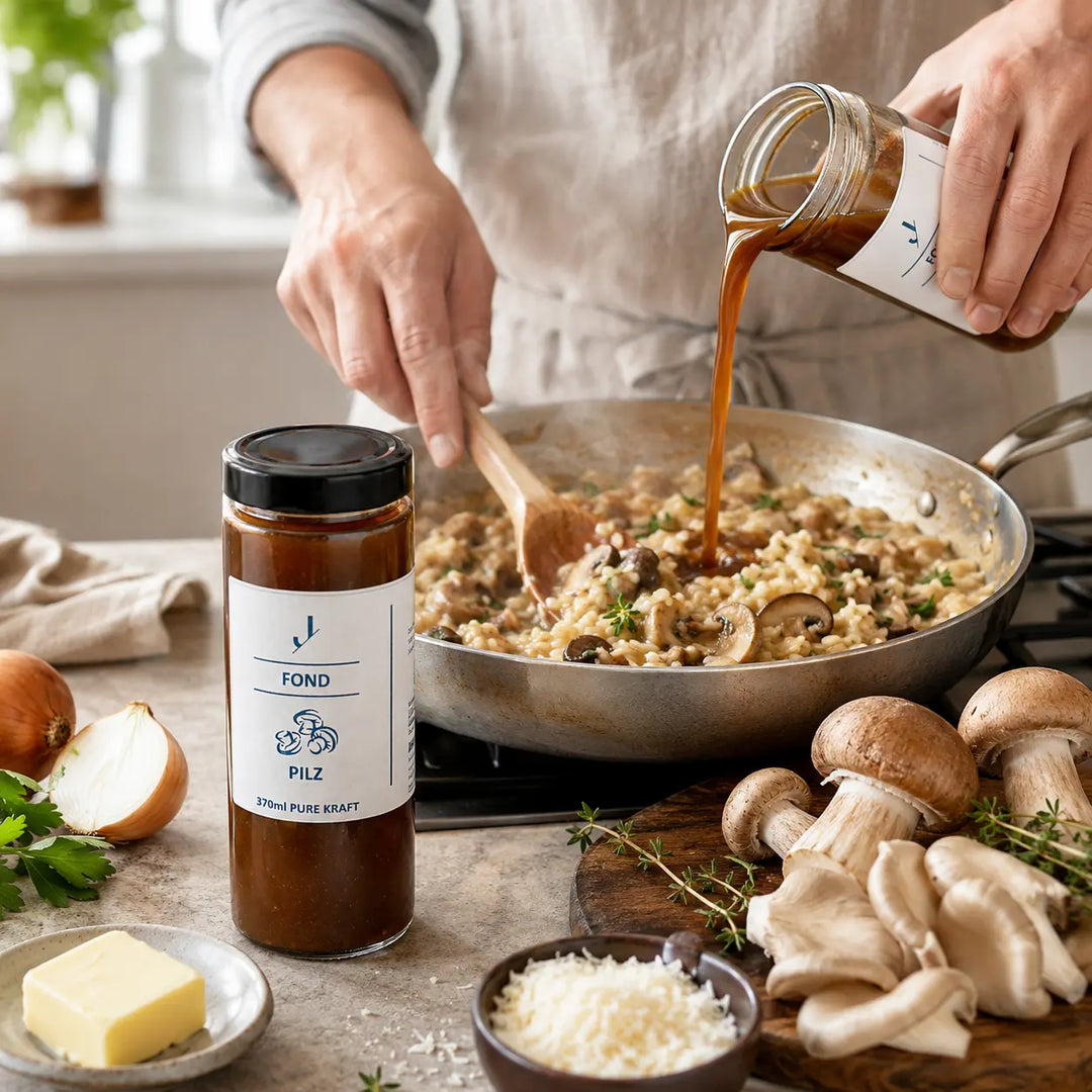 Pilz-Fond beim Kochen eines Risottos mit Steinpilzen, Champignons, Kräutern und Parmesan