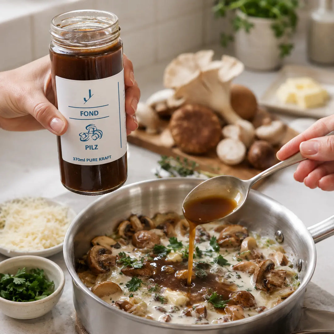 Pilz-Fond von Jungermann Gourmet für eine cremige Pilzsauce mit Kräutern und Parmesan