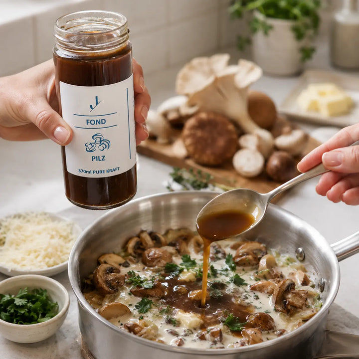 Pilz-Fond von Jungermann Gourmet für eine cremige Pilzsauce mit Kräutern und Parmesan