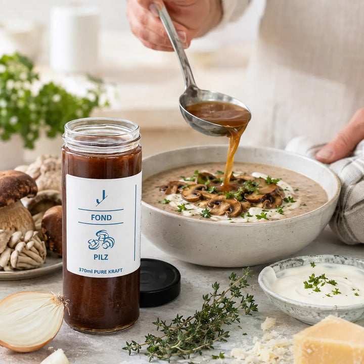 Pilz-Fond mit cremiger Pilzsuppe, gebratenen Pilzen, Zwiebel, Thymian und Petersilie