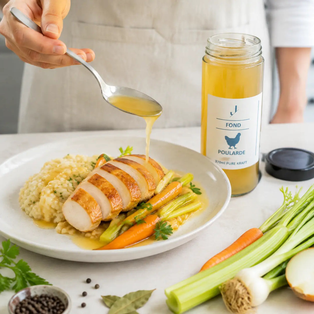 Poularden-Fond als Jus zu gebratener Poulardenbrust, Risotto und glasiertem Gemüse