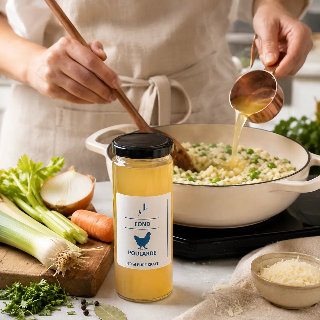 Poularden-Fond beim Kochen eines Risottos mit Erbsen, Lauch, Karotten und Parmesan