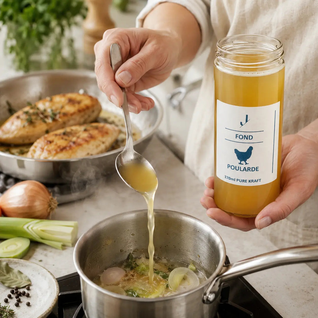 Poularden-Fond von Jungermann Gourmet für eine helle Geflügelsauce mit Lauch und Kräutern
