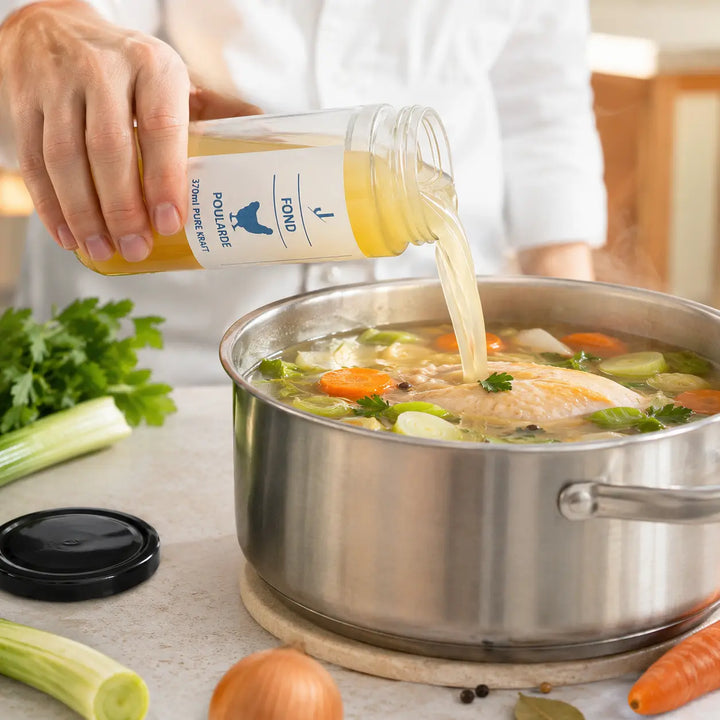 Poularden-Fond beim Kochen einer Geflügelsuppe mit Karotten, Sellerie, Lauch und Petersilie