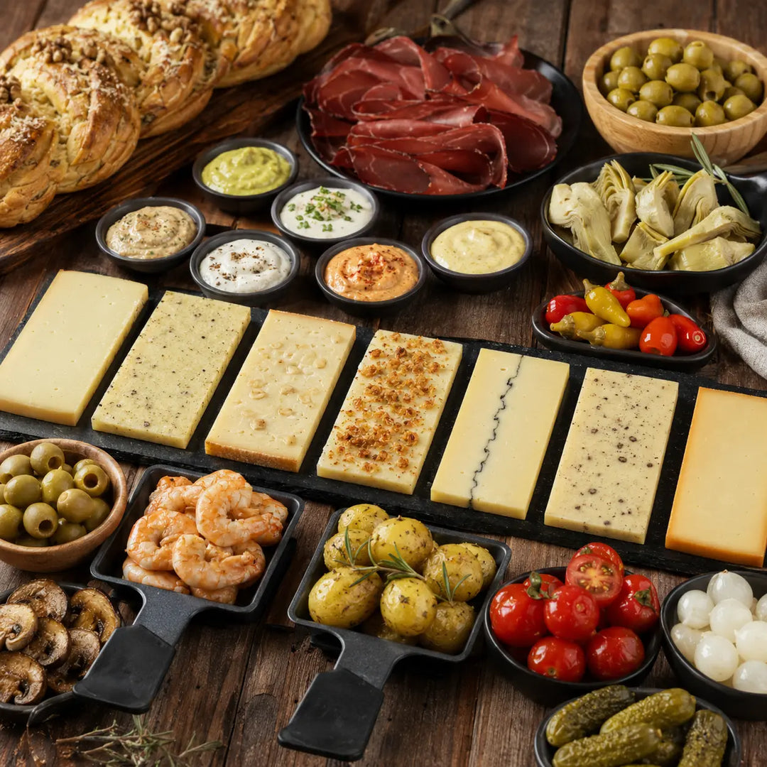 Raclette-Box mit sieben Käsesorten, Shrimps, Bündnerfleisch, Gemüse, Dips und Brot