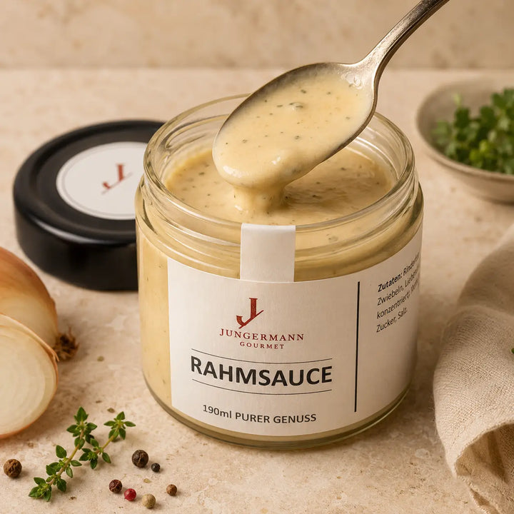 Rahmsauce von Jungermann Gourmet – cremige Textur auf dem Löffel