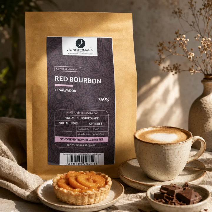 Red Bourbon Kaffee mit Cappuccino, Aprikosentörtchen und Milchschokolade