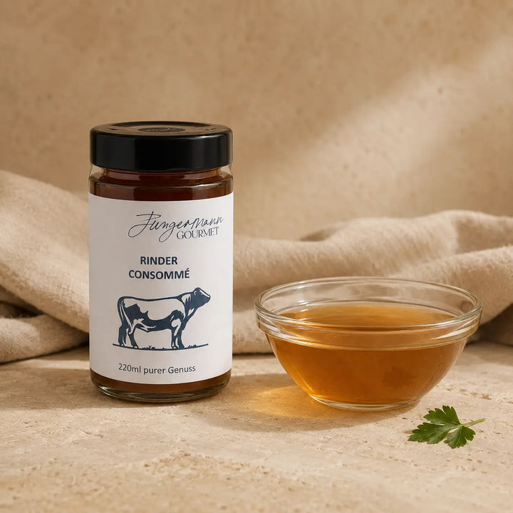 Rinder Consommé von Jungermann Gourmet als klare bernsteinfarbene Brühe