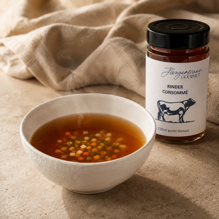Rinder Consommé von Jungermann Gourmet als Vorspeise mit feiner Gemüseeinlage