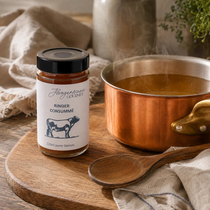 Rinder Consommé von Jungermann Gourmet beim schonenden Erwärmen im Kupfertopf