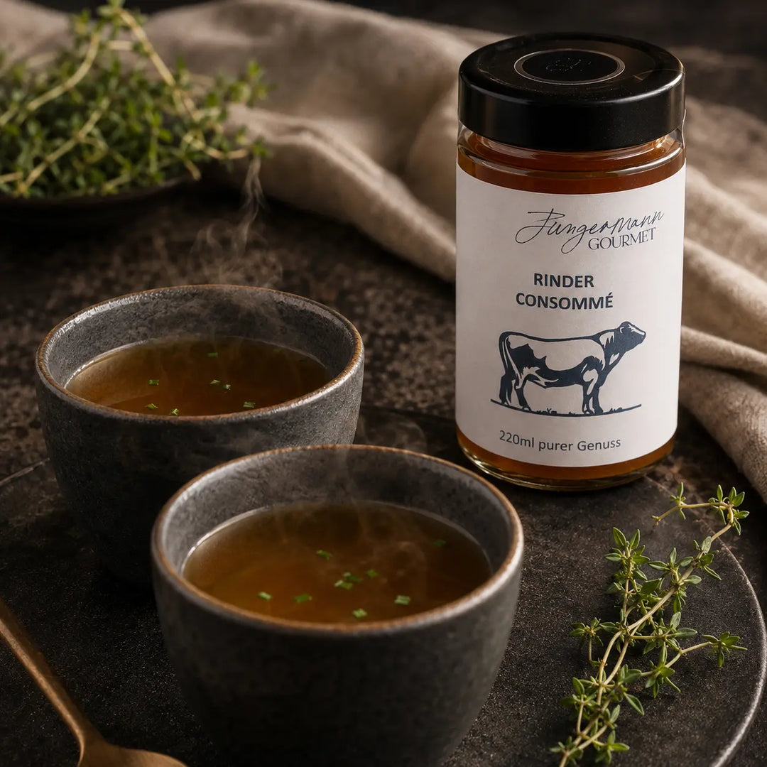 Rinder Consommé von Jungermann Gourmet als Menüauftakt in zwei kleinen Tassen