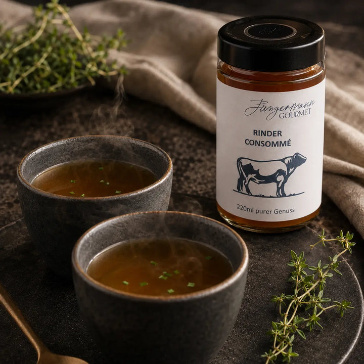 Rinder Consommé von Jungermann Gourmet als Menüauftakt in zwei kleinen Tassen