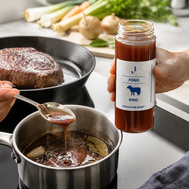 Rinder-Fond von Jungermann Gourmet für eine kräftige Jus mit Schalotten, Thymian und Lorbeer