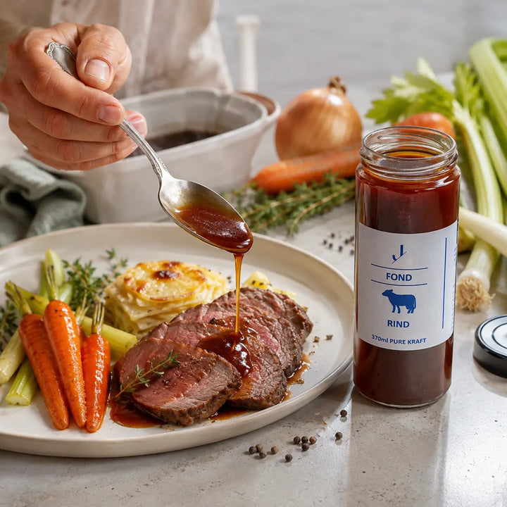 Rinder-Fond als glänzende Jus zu Rinderbraten, Kartoffelgratin und Wurzelgemüse