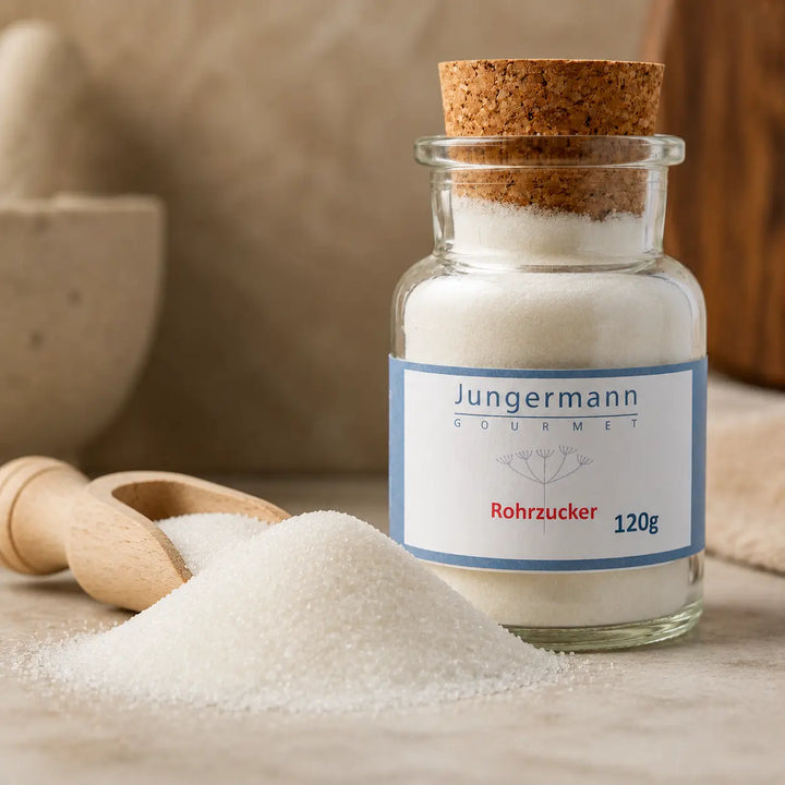 Feine weiße Rohrzuckerkristalle mit Holzschaufel neben dem Korkglas