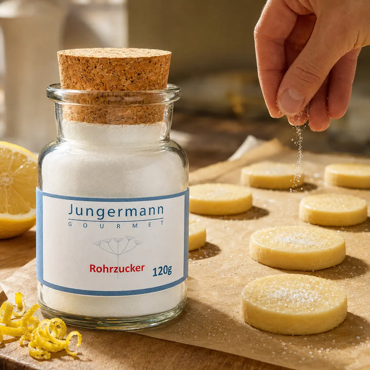 Rohrzucker beim Bestreuen von Zitronen-Shortbread vor dem Backen