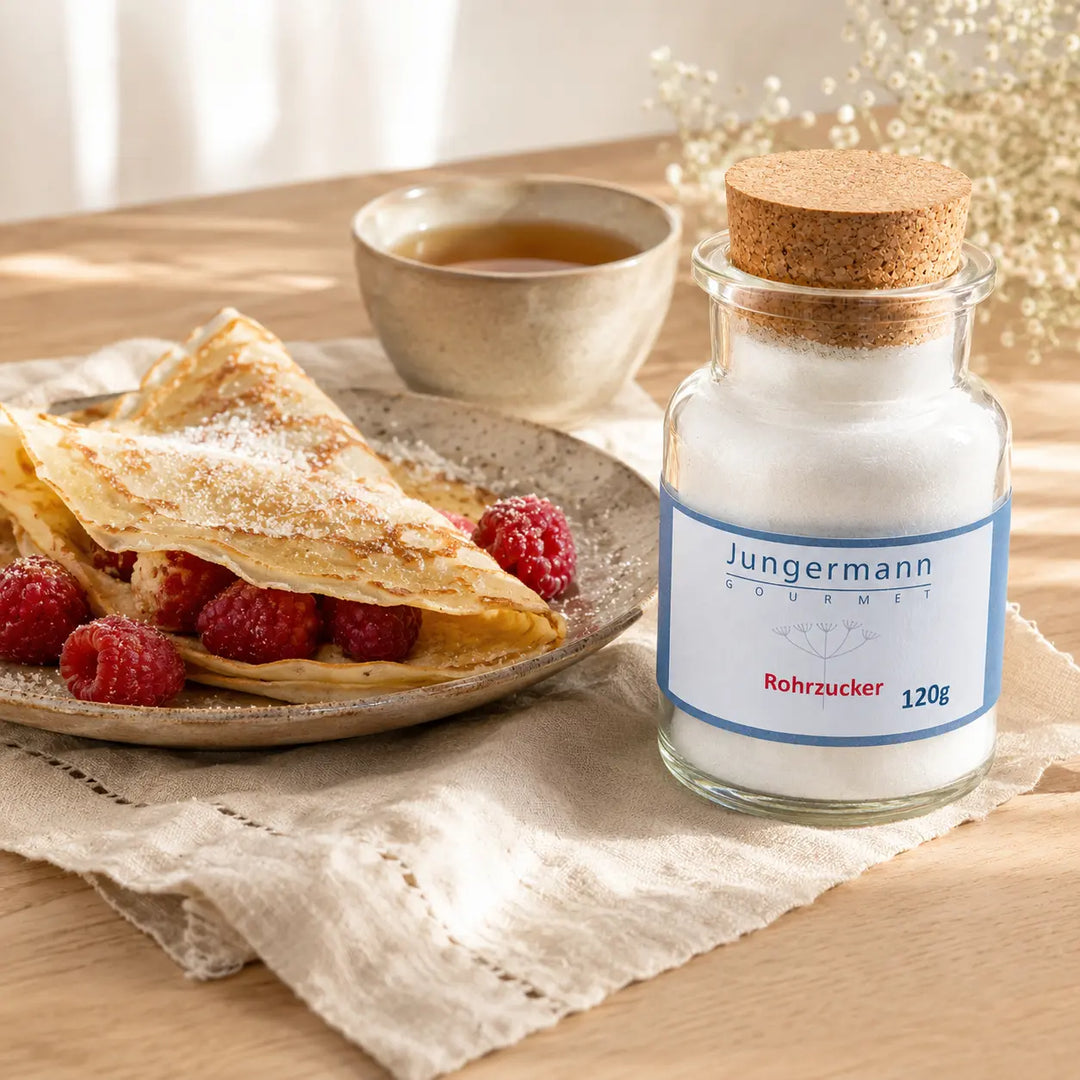 Rohrzucker mit warmen Crêpes, Himbeeren und Tee