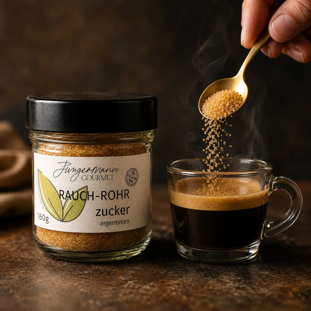 Geräucherter Rohrzucker von Jungermann Gourmet beim Süßen von Espresso
