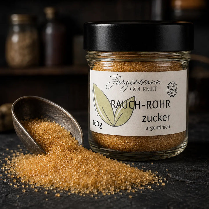 Helle Rauch-Rohrzuckerkristalle mit Metallschaufel neben dem Produktglas