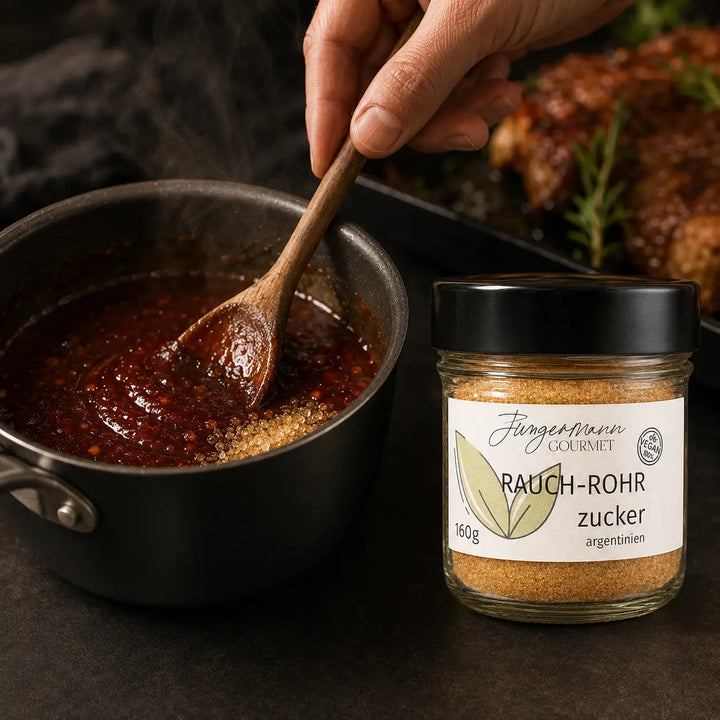 Geräucherter Rohrzucker beim Einrühren in eine würzige dunkle Sauce