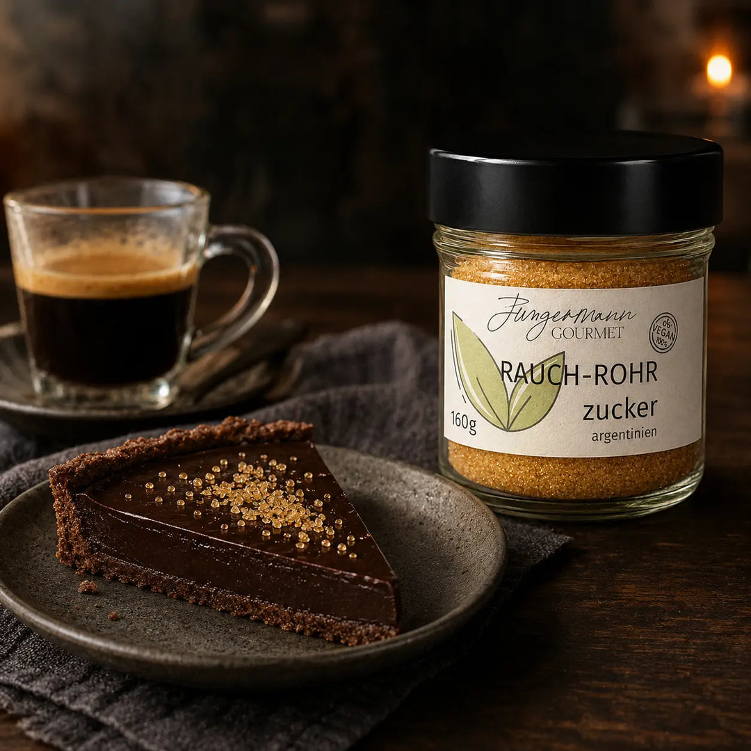 Geräucherter Rohrzucker als Finish auf Schokoladentarte mit Espresso