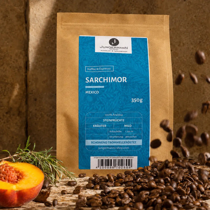 Sarchimor Kaffeebohnen mit Pfirsich und Kräutern als Aromahinweise
