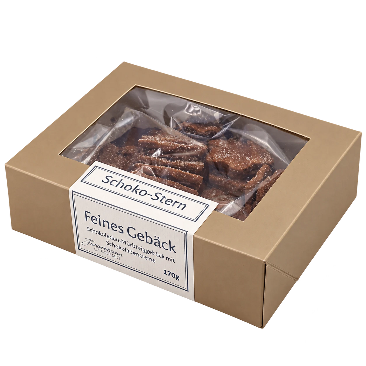 Schoko-Sterne von Jungermann Gourmet in der Gebäckschachtel mit Sichtfenster – freigestellte Produktansicht.