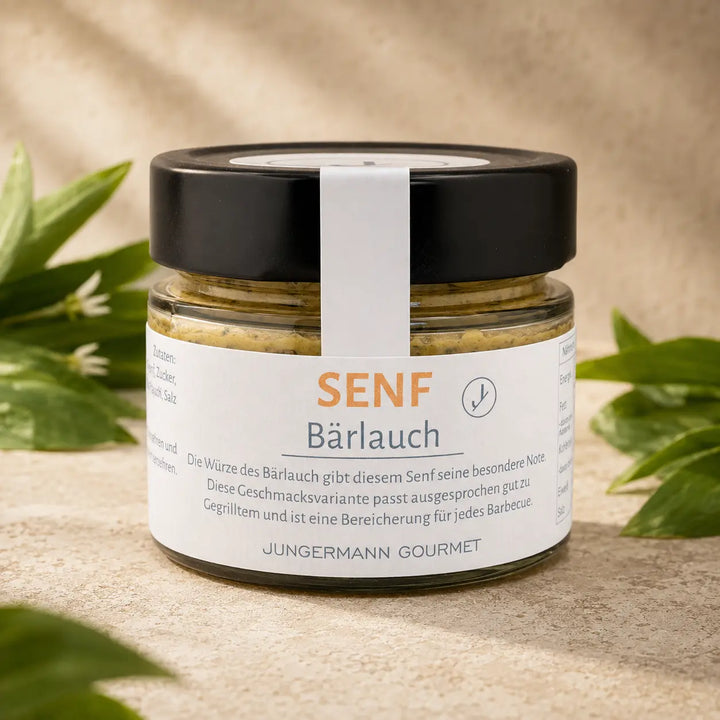 Jungermann Gourmet Senf mit Bärlauch im Glas – Premium Packshot