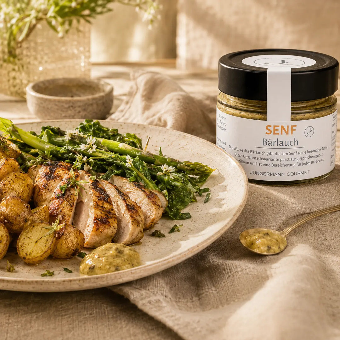 Jungermann Gourmet Senf mit Bärlauch zu gegrilltem Hähnchen und Kartoffeln