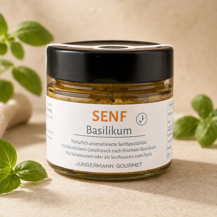 Jungermann Gourmet Senf mit Basilikum im Glas – Premium Packshot
