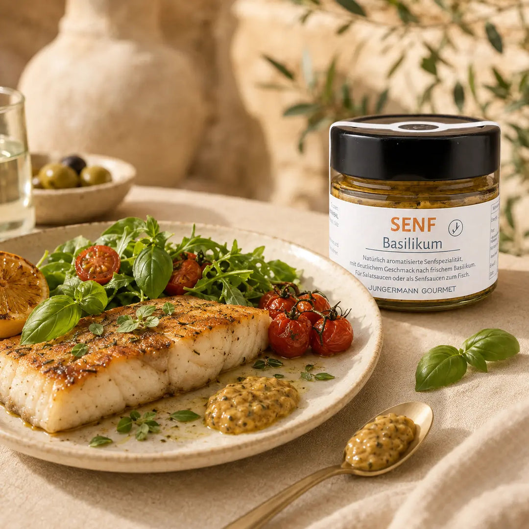 Jungermann Gourmet Senf mit Basilikum zu Fisch, Salat und Tomaten