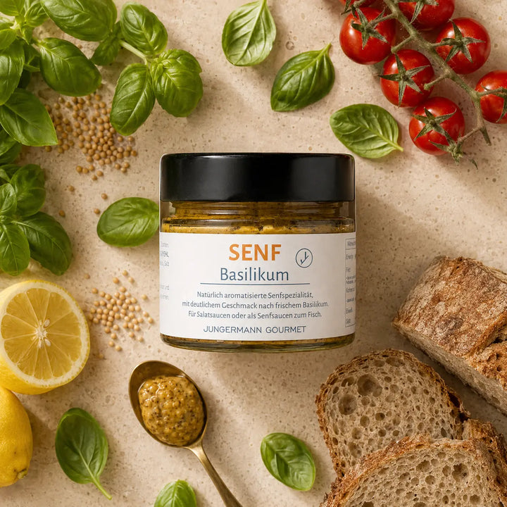 Jungermann Gourmet Senf mit Basilikum mit Kräutern, Zitrone und Senfsaat