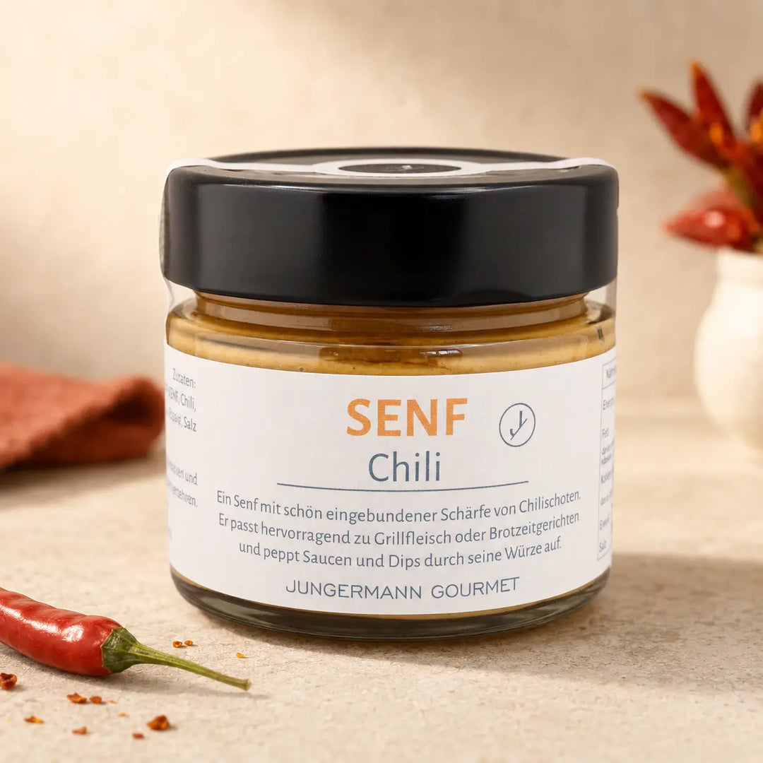 Jungermann Gourmet Senf mit Chili im Glas – Premium Packshot