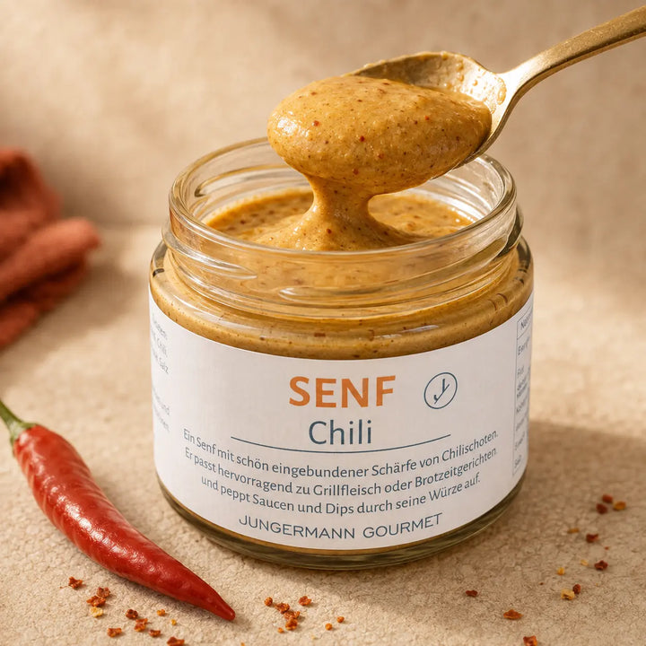 Senf mit Chili von Jungermann Gourmet – pikante Textur auf dem Löffel