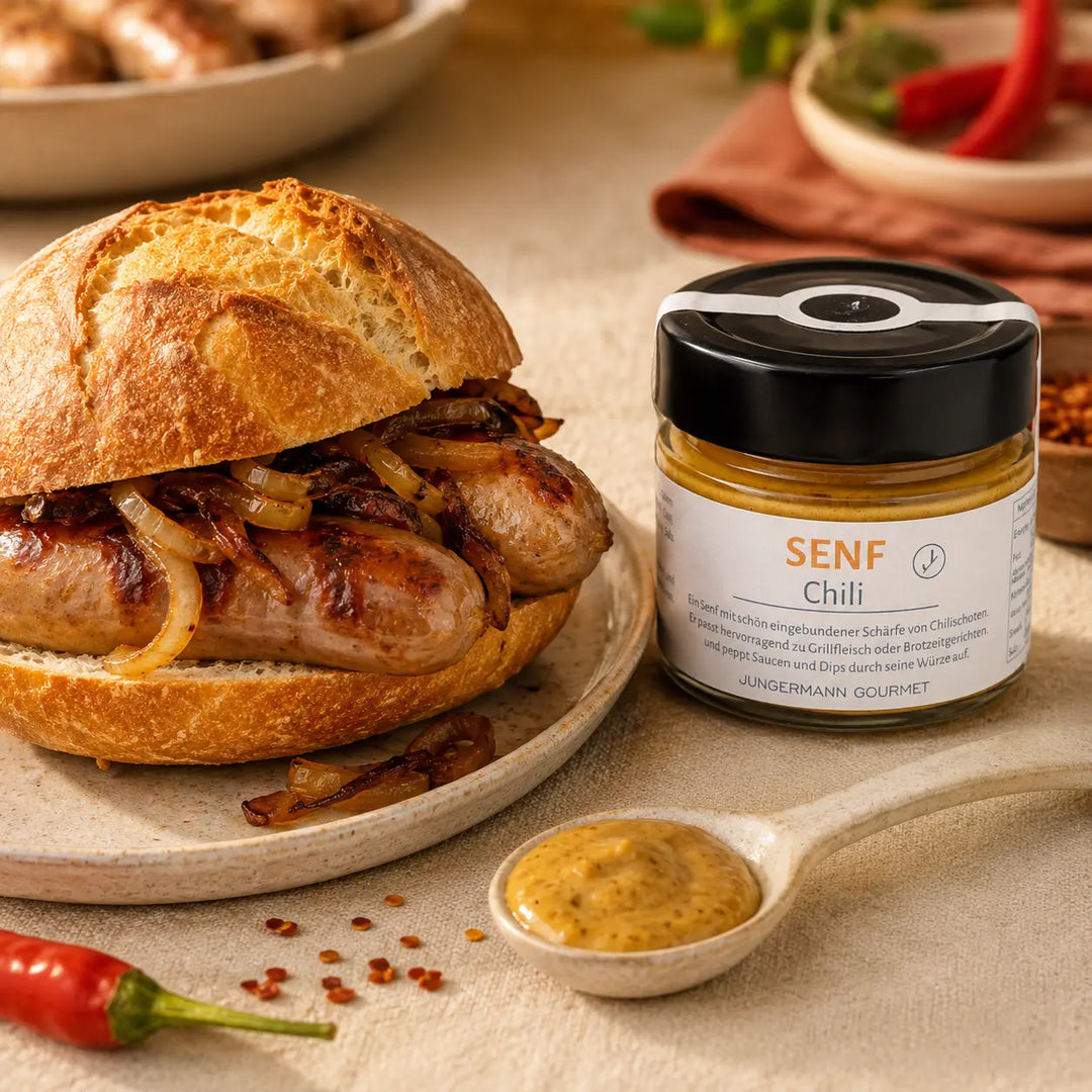 Jungermann Gourmet Senf mit Chili zu Grillwurst und Röstzwiebeln