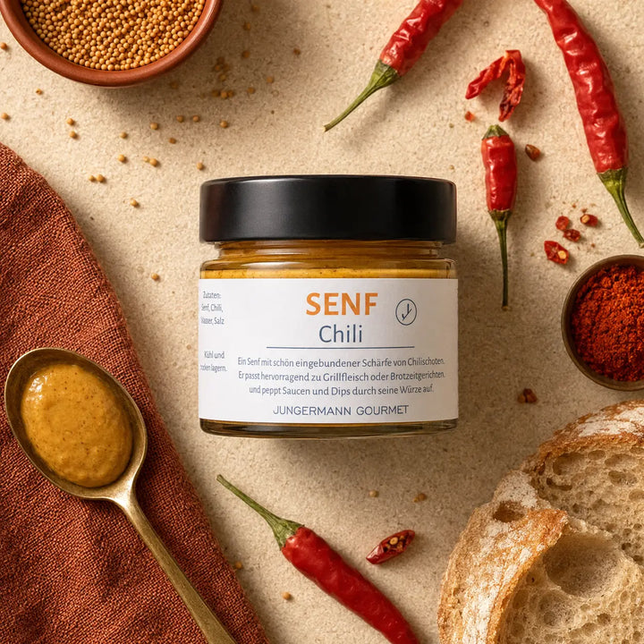 Jungermann Gourmet Senf mit Chili mit Chilischoten, Paprika und Senfsaat