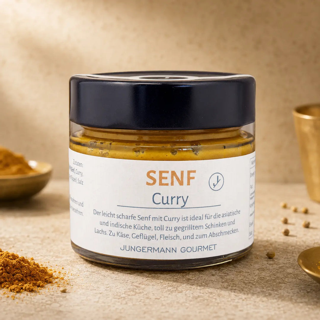 Jungermann Gourmet Senf mit Curry im Glas – Premium Packshot
