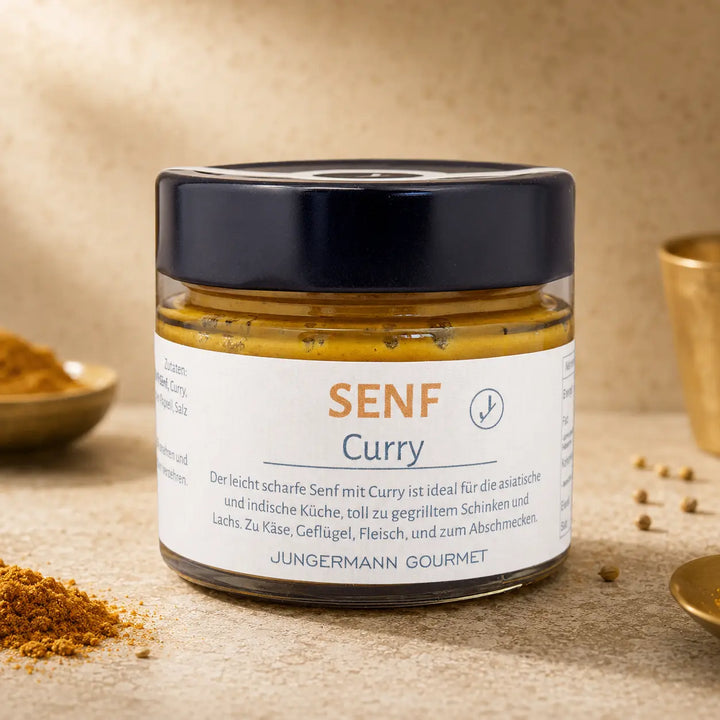 Jungermann Gourmet Senf mit Curry im Glas – Premium Packshot