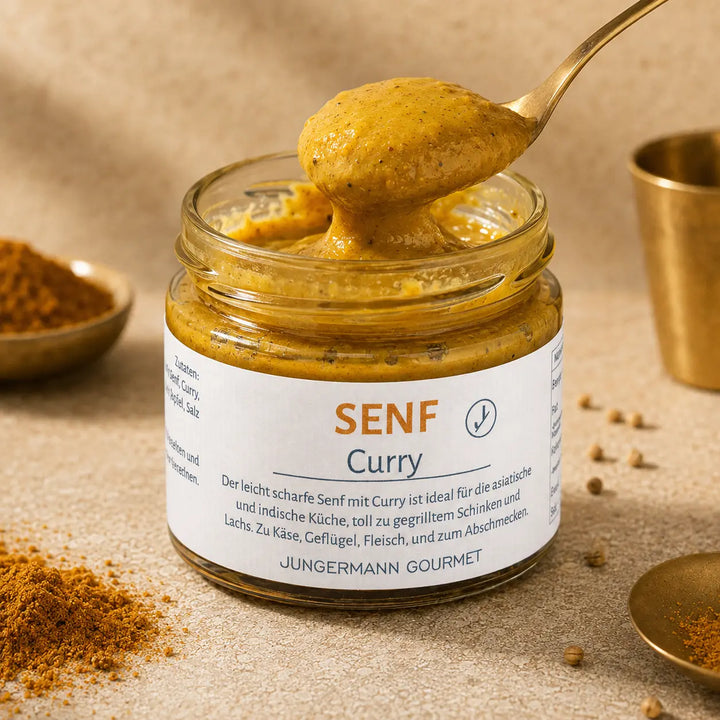 Senf mit Curry von Jungermann Gourmet – goldene Textur auf dem Löffel