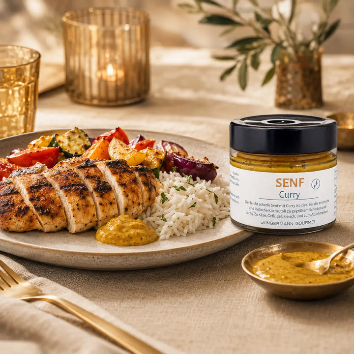 Jungermann Gourmet Senf mit Curry zu Hähnchen, Reis und Gemüse
