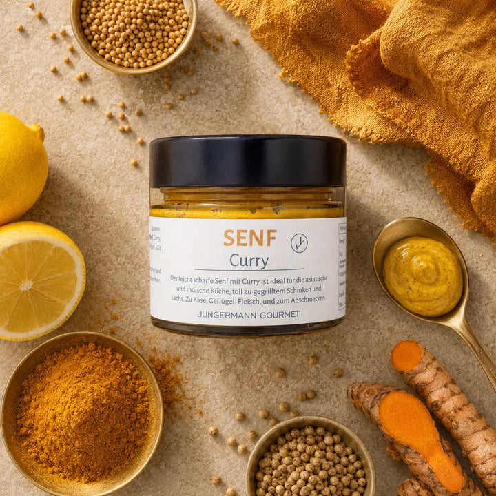 Jungermann Gourmet Senf mit Curry mit Gewürzen, Kurkuma und Senfsaat