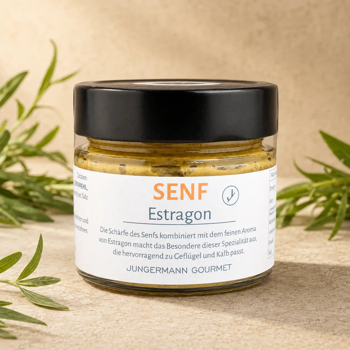 Jungermann Gourmet Senf mit Estragon im Glas – Premium Packshot