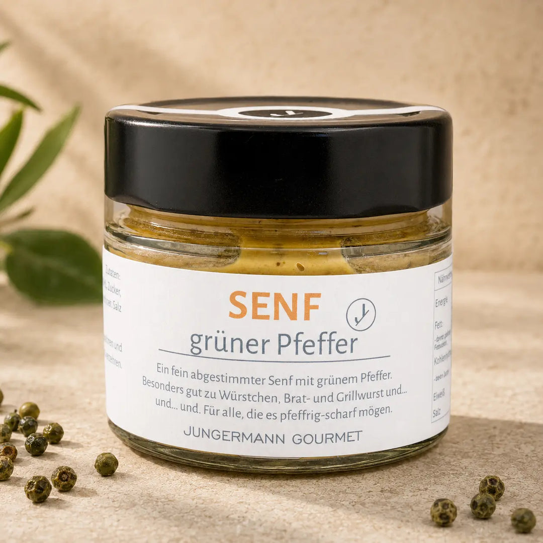 Jungermann Gourmet Senf mit grünem Pfeffer im Glas – Premium Packshot