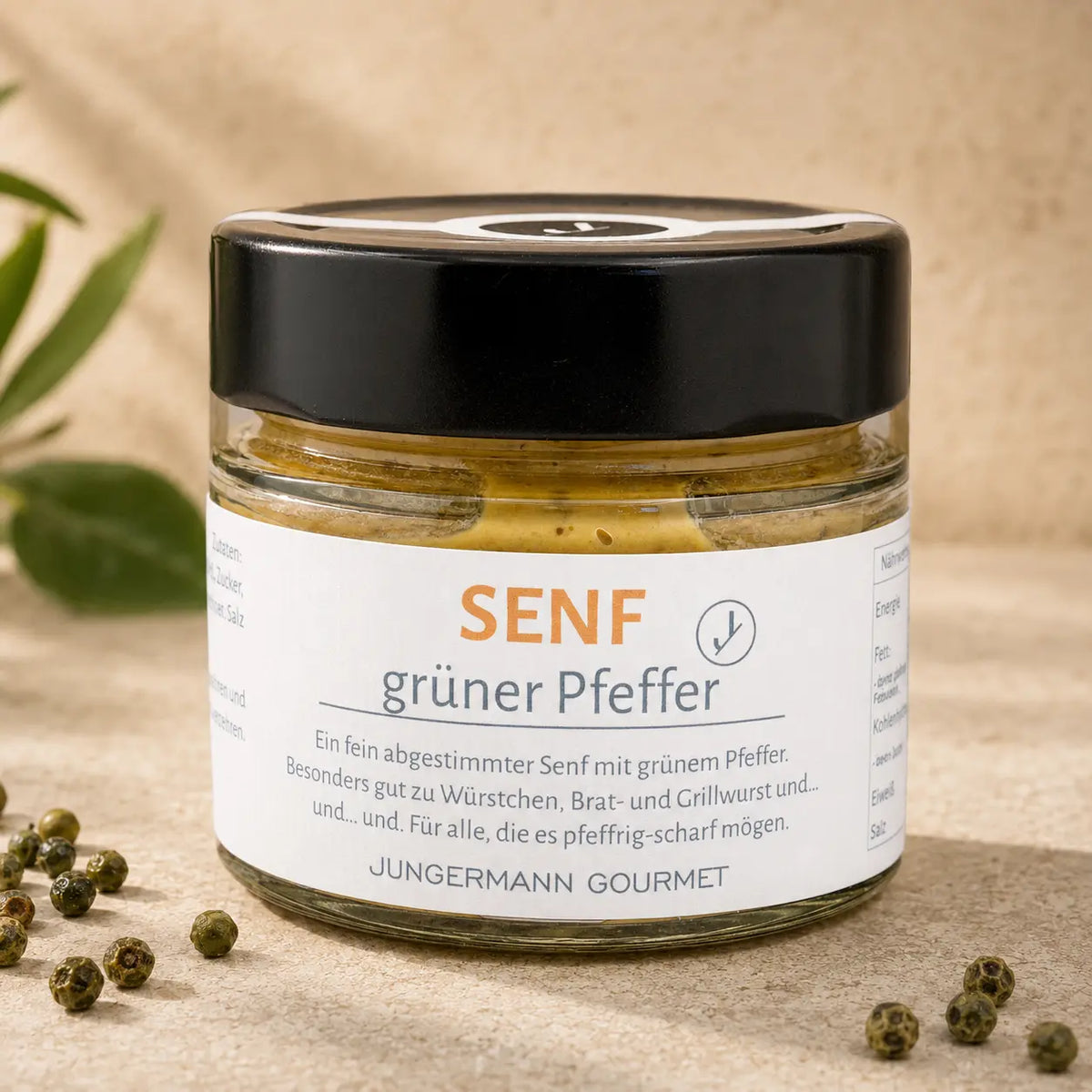 Jungermann Gourmet Senf mit grünem Pfeffer im Glas – Premium Packshot