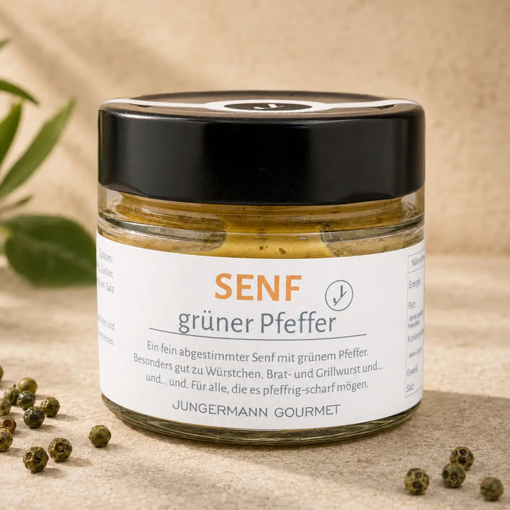 Jungermann Gourmet Senf mit grünem Pfeffer im Glas – Premium Packshot