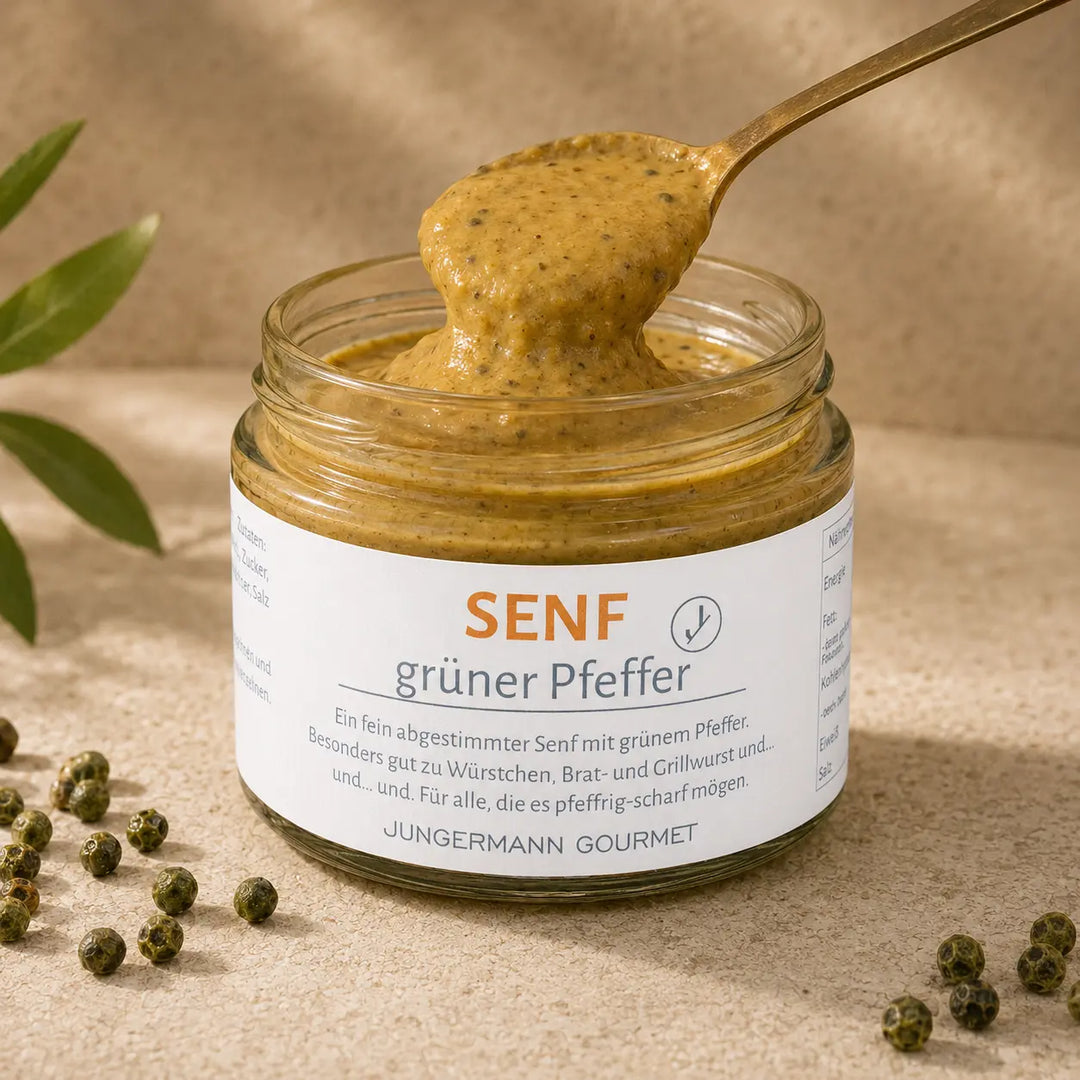 Senf mit grünem Pfeffer von Jungermann Gourmet – würzige Textur auf dem Löffel