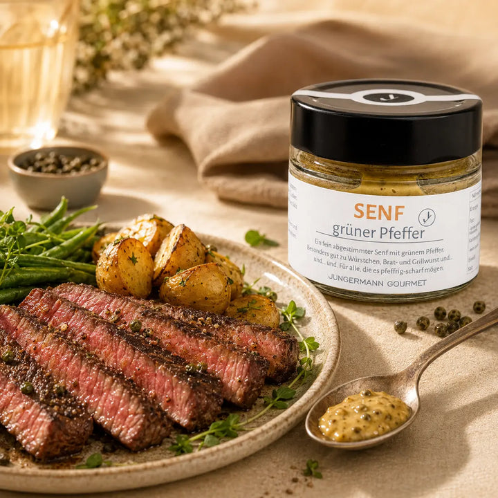 Jungermann Gourmet Senf mit grünem Pfeffer zu Steak und Kartoffeln