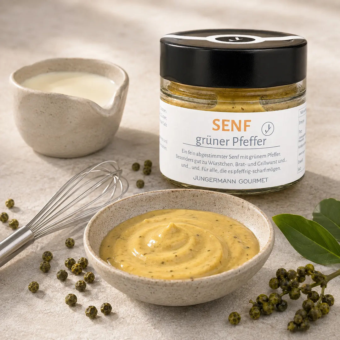 Senf mit grünem Pfeffer als cremige Sauce – Zubereitungsidee