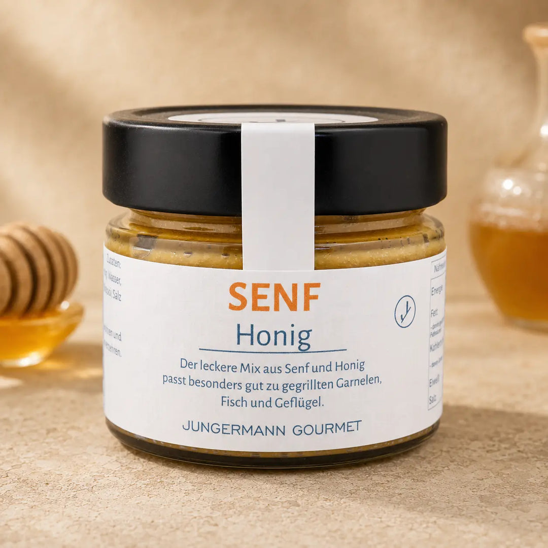 Jungermann Gourmet Senf mit Honig im Glas – Premium Packshot