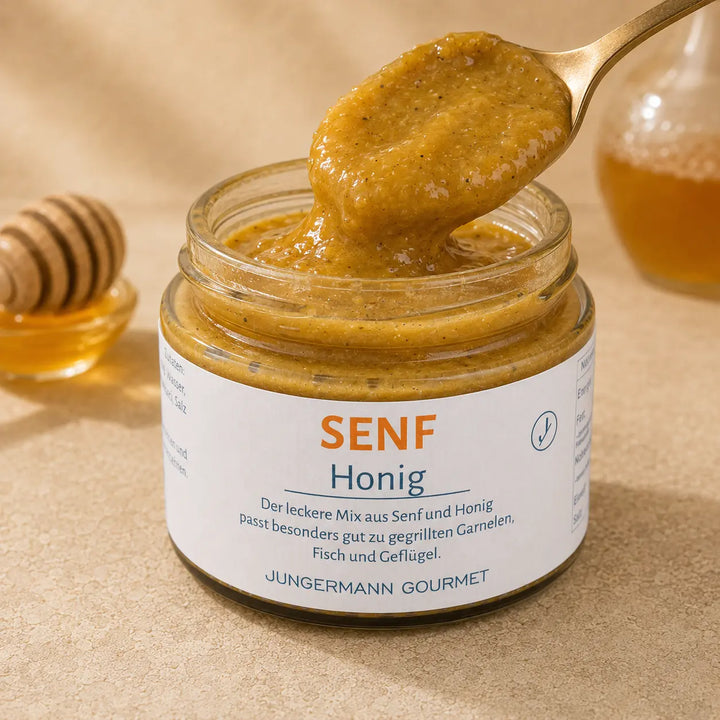 Senf mit Honig von Jungermann Gourmet – goldene Textur auf dem Löffel